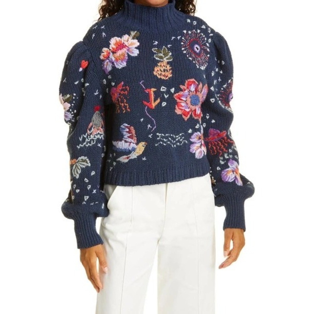 Farm Rio Sweater Blue  Size Medium Floral Print - Size M - NWT
